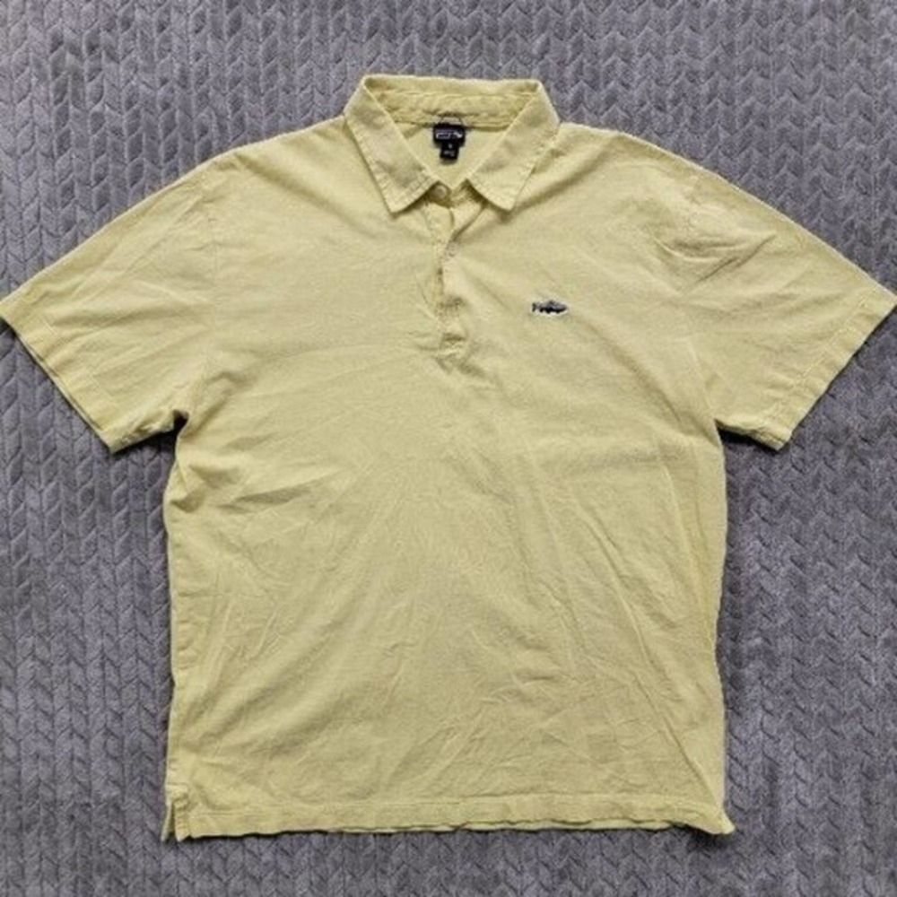 Patagonia Trout Fitz Roy Polo Shirt Men Size Medium Yellow Organic cotton